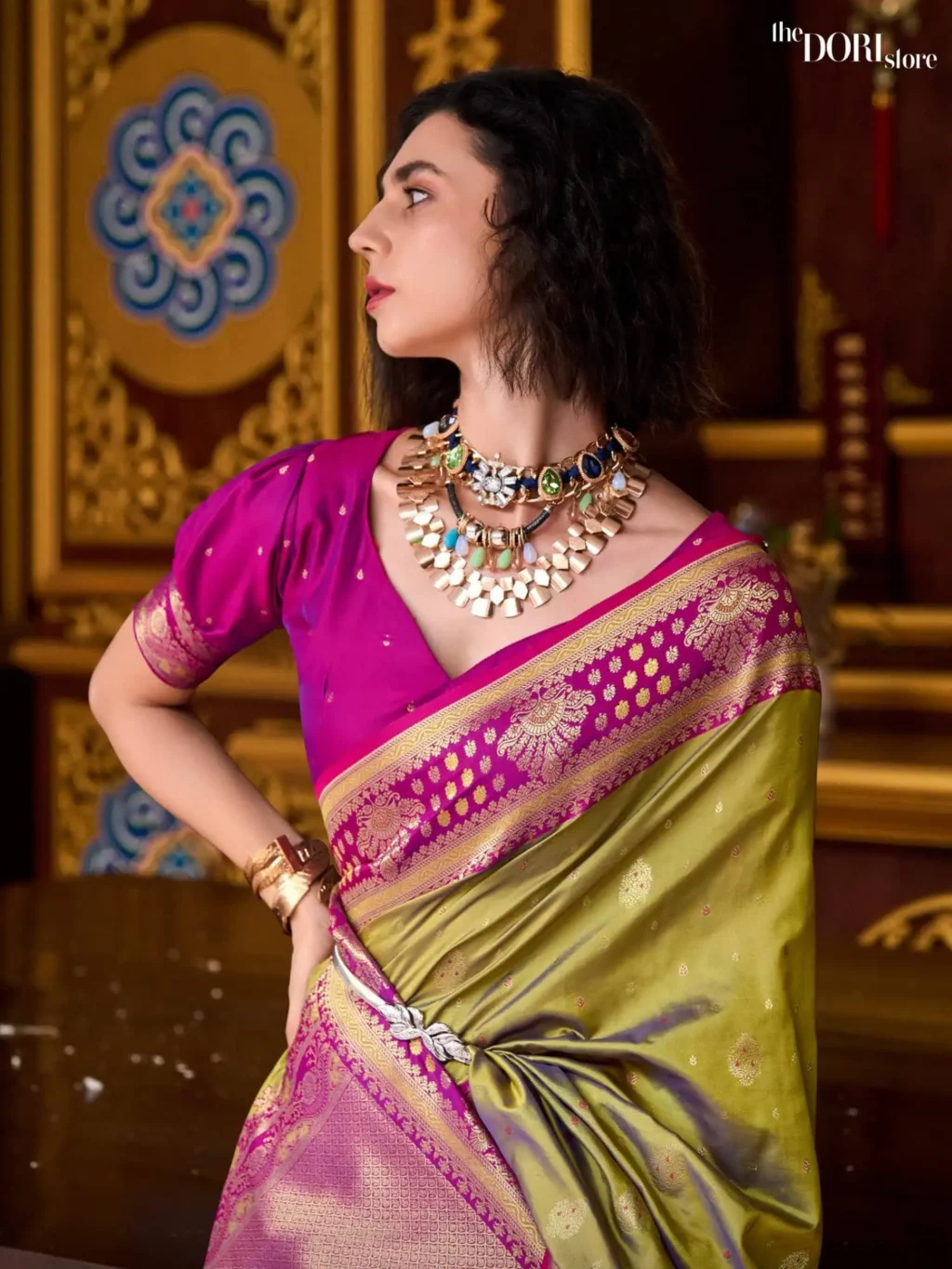 Royal Olive Green Designer Banarasi Silk Woven Saree - Image 4