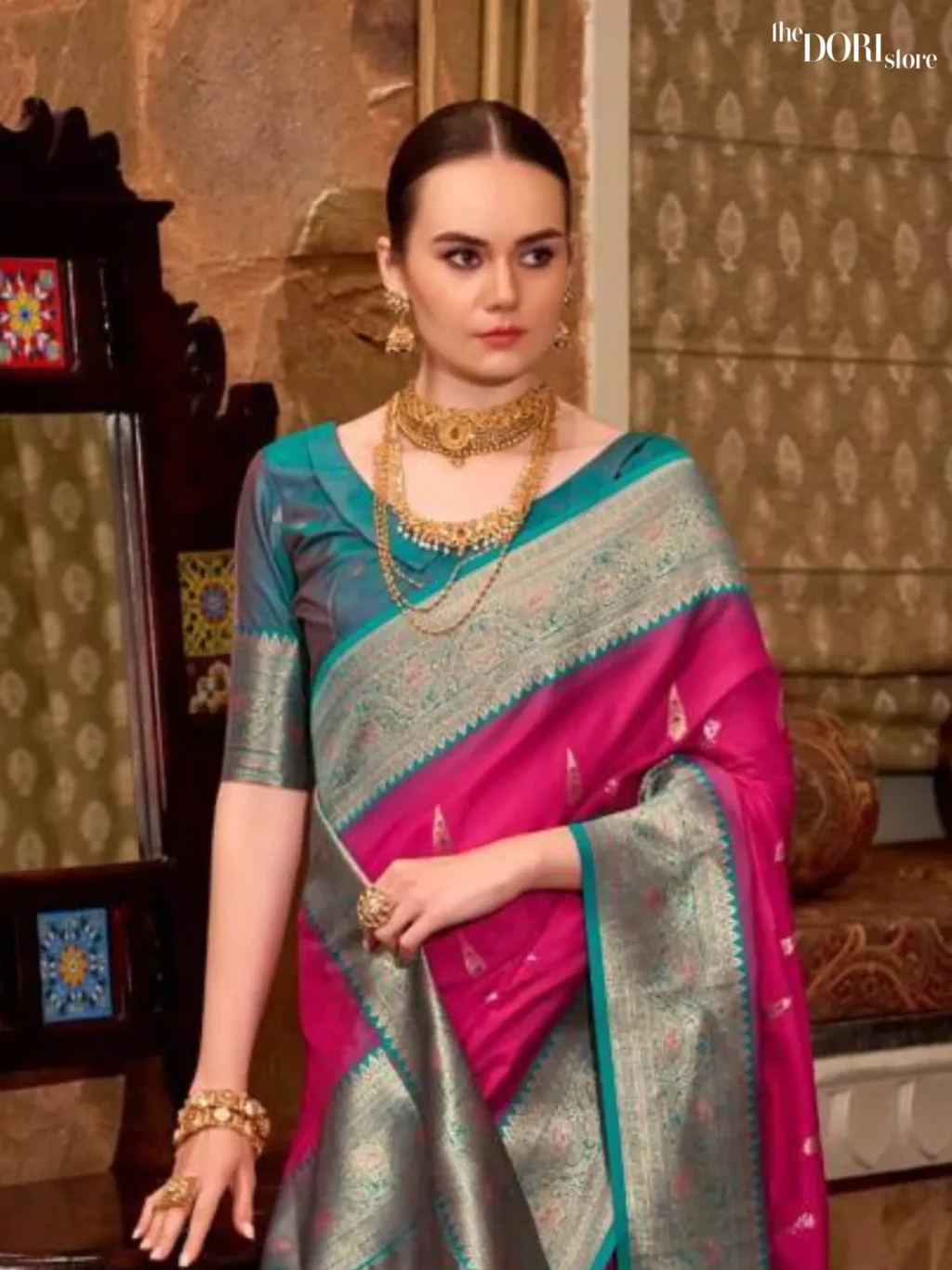 Queen Pink Partywear Soft Silk Woven Saree - Image 4