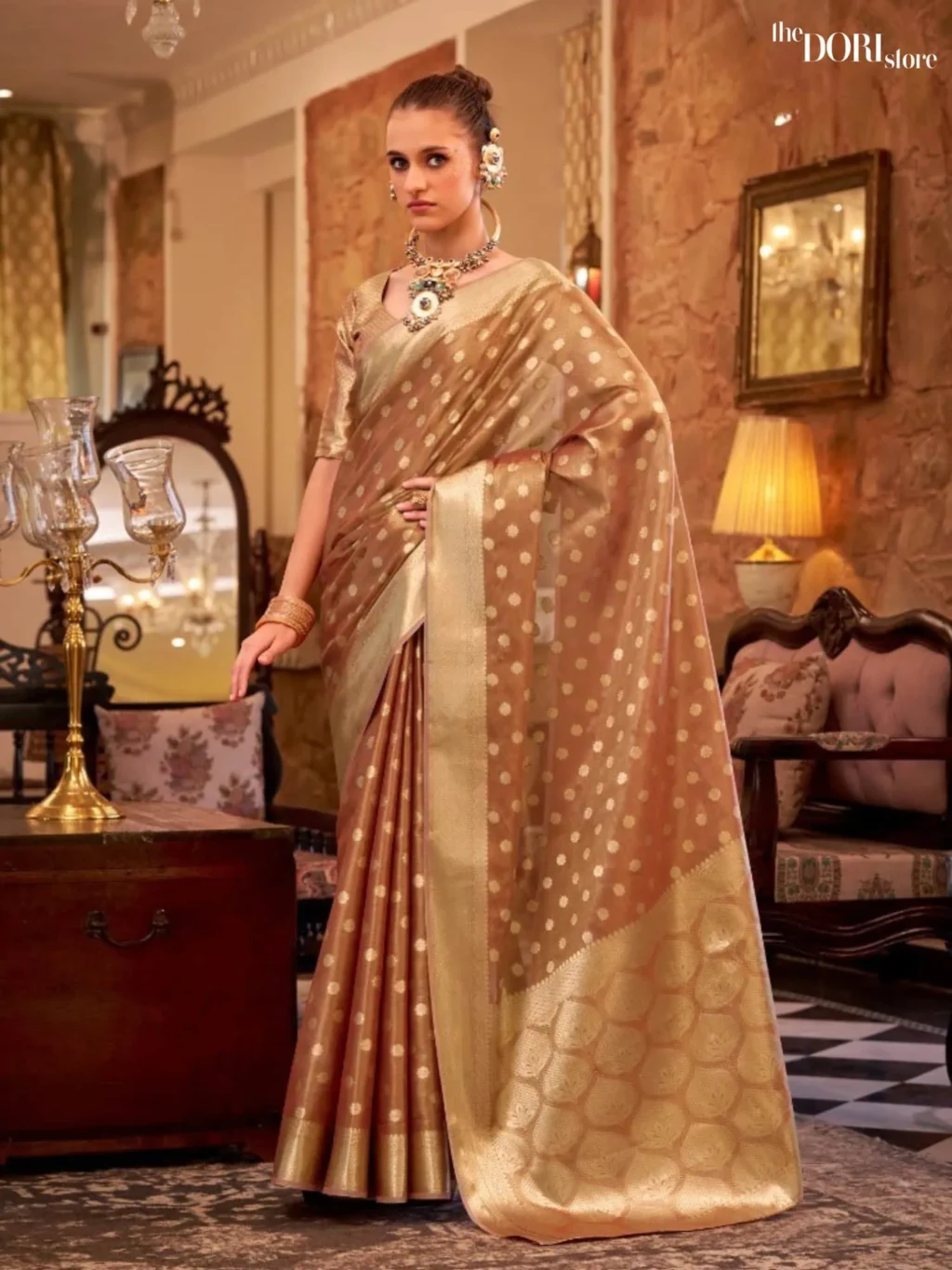 Ethnic Light Brown Partywear Tissue Silk Woven Saree for Women - Designer Pluto  with Beautiful Fabric and Elegant Design.