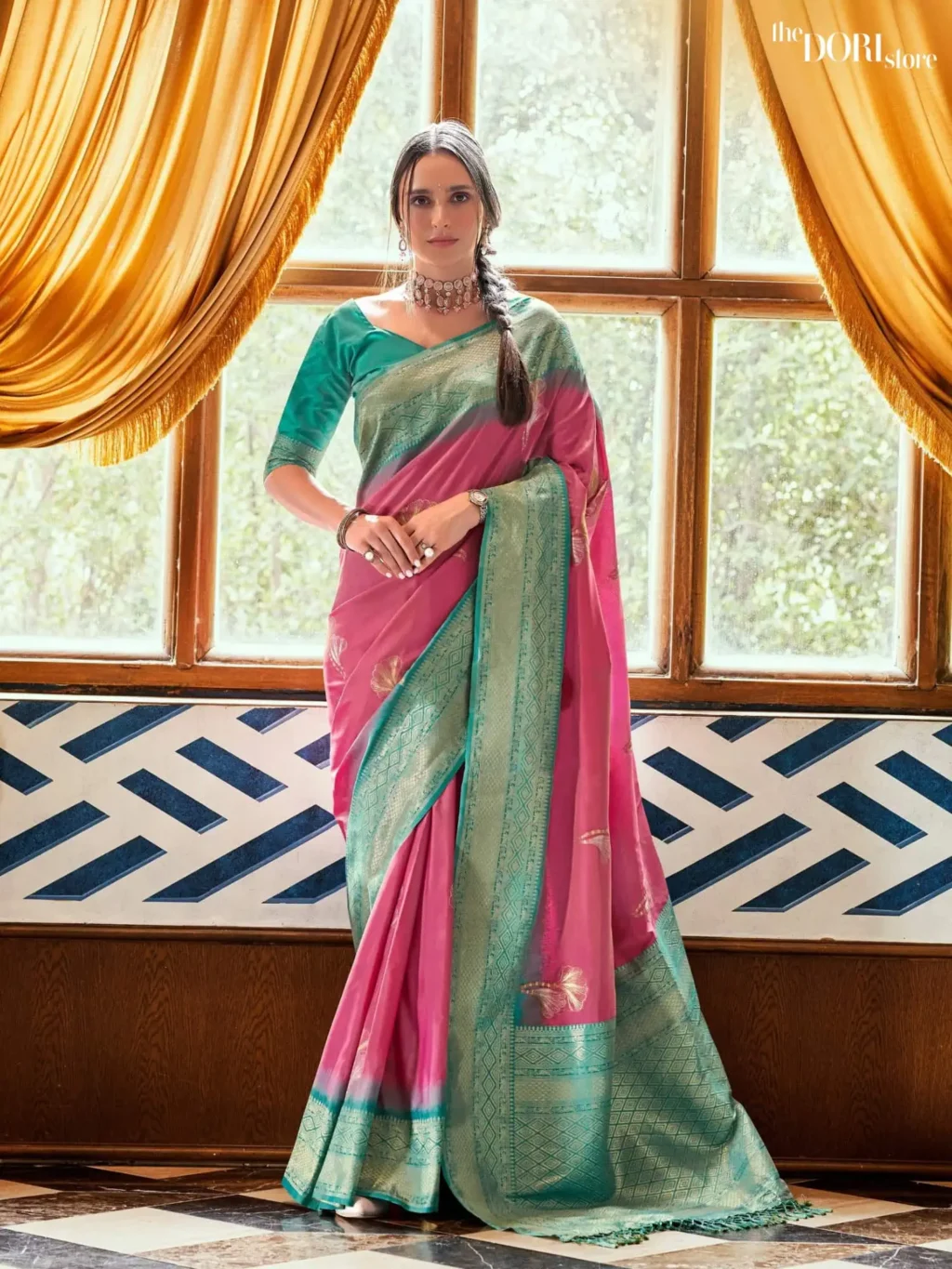 Greenish Rose Pink Soft Silk Saree with Contrast Blouse   for Women - Designer Roseberry with Beautiful Fabric and Elegant Design.