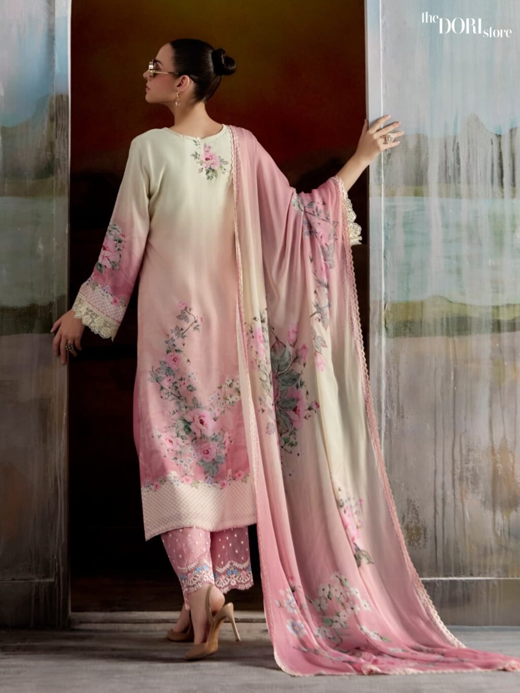 Creamish Pink Pure Muslin Digital Designer Suit with Embroidery Work - Image 4