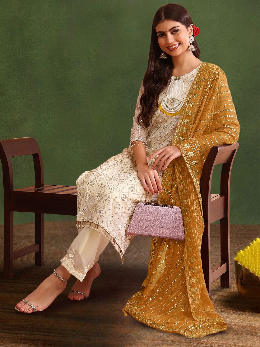 Partywear White Georgette Ready To Wear Salwar Suit - Image 3