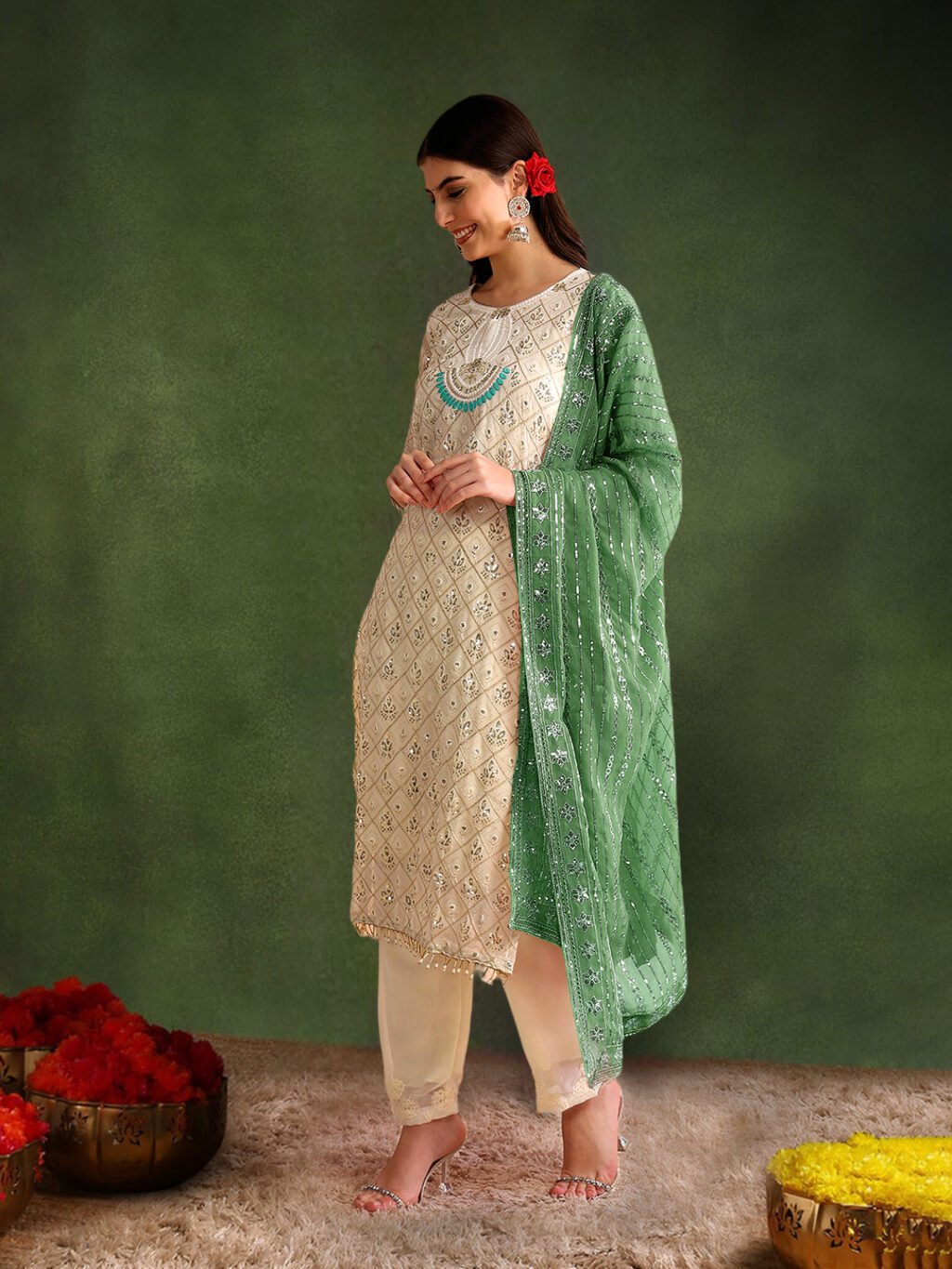 Partywear White Georgette Ready To Wear Salwar Suit - Image 3