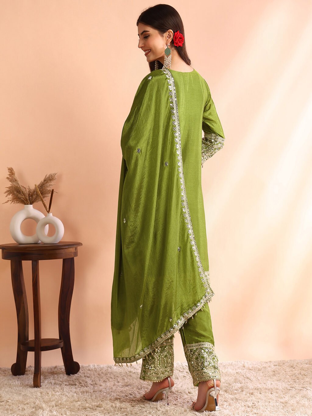 Partywear Green Chinon Silk Ready To Wear Salwar Suit - Image 3