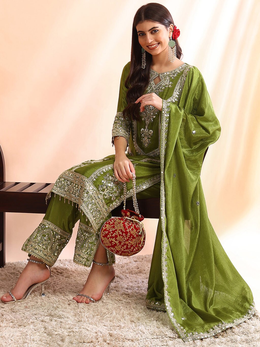 Partywear Green Chinon Silk Ready To Wear Salwar Suit - Image 4