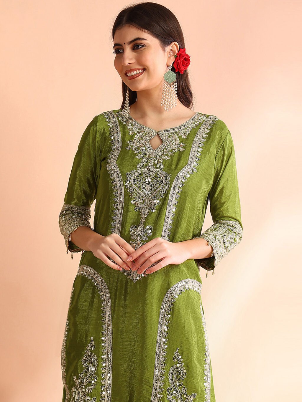 Partywear Green Chinon Silk Ready To Wear Salwar Suit - Image 5
