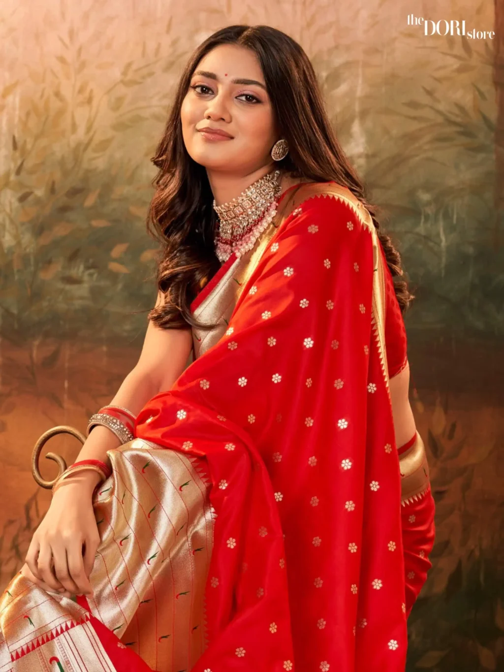Hot Red Paithani Silk Saree with Zari Border - Image 3