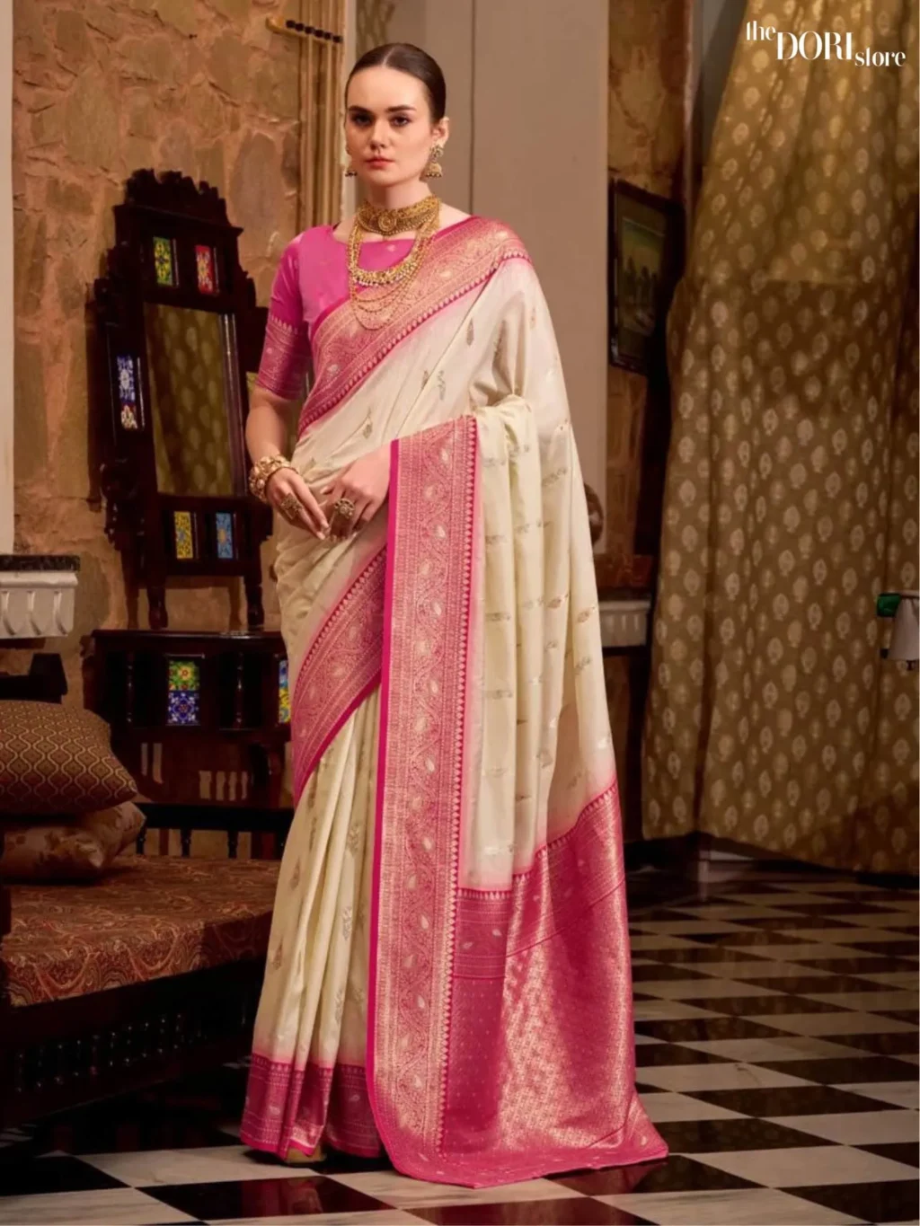 Pinkish Off White Partywear Soft Silk Woven Saree for Women - Designer Gatha Silk with Beautiful Fabric and Elegant Design.