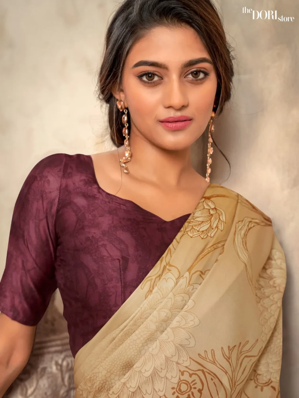 Floral Creamish Yellow Sattin  Printed Crepe Silk Saree - Image 3