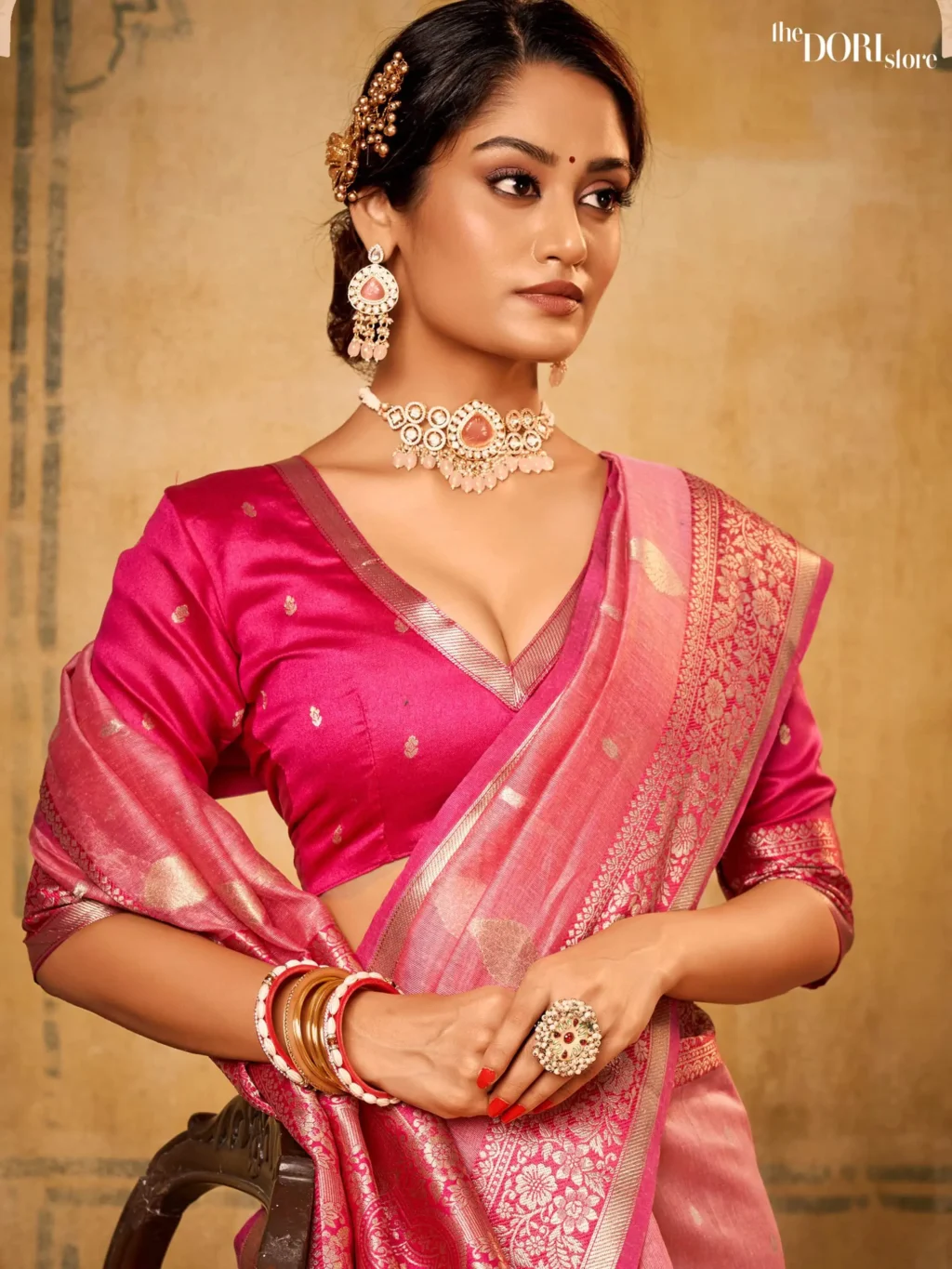 Rose Pink Partywear Banarasi Silk Saree - Image 3