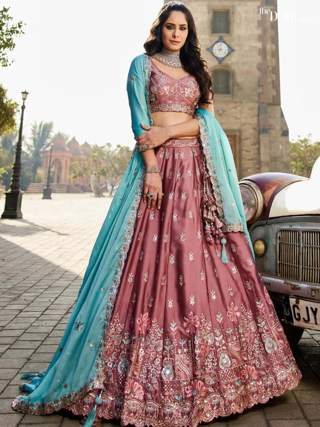 Image of Rose gold Georgette Sequins embroidery Semi-Stitched Lehenga choli  showing its unique design and quality.