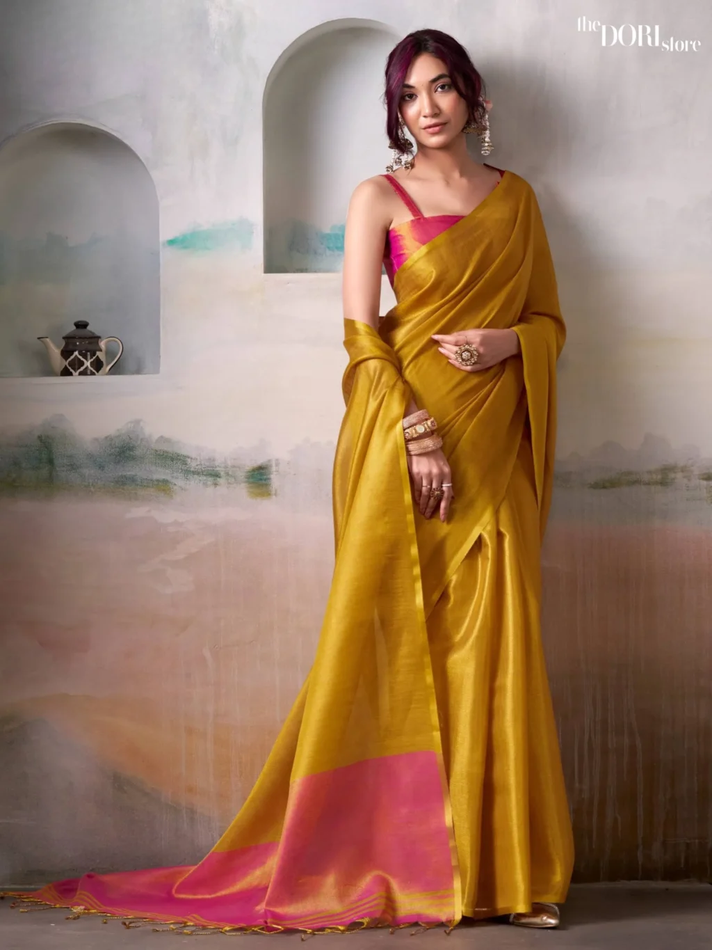 Mustard Yellow Pure Handloom Tissue Silk Saree for Women - Designer ANVIKA TISSUES with Beautiful Fabric and Elegant Design.