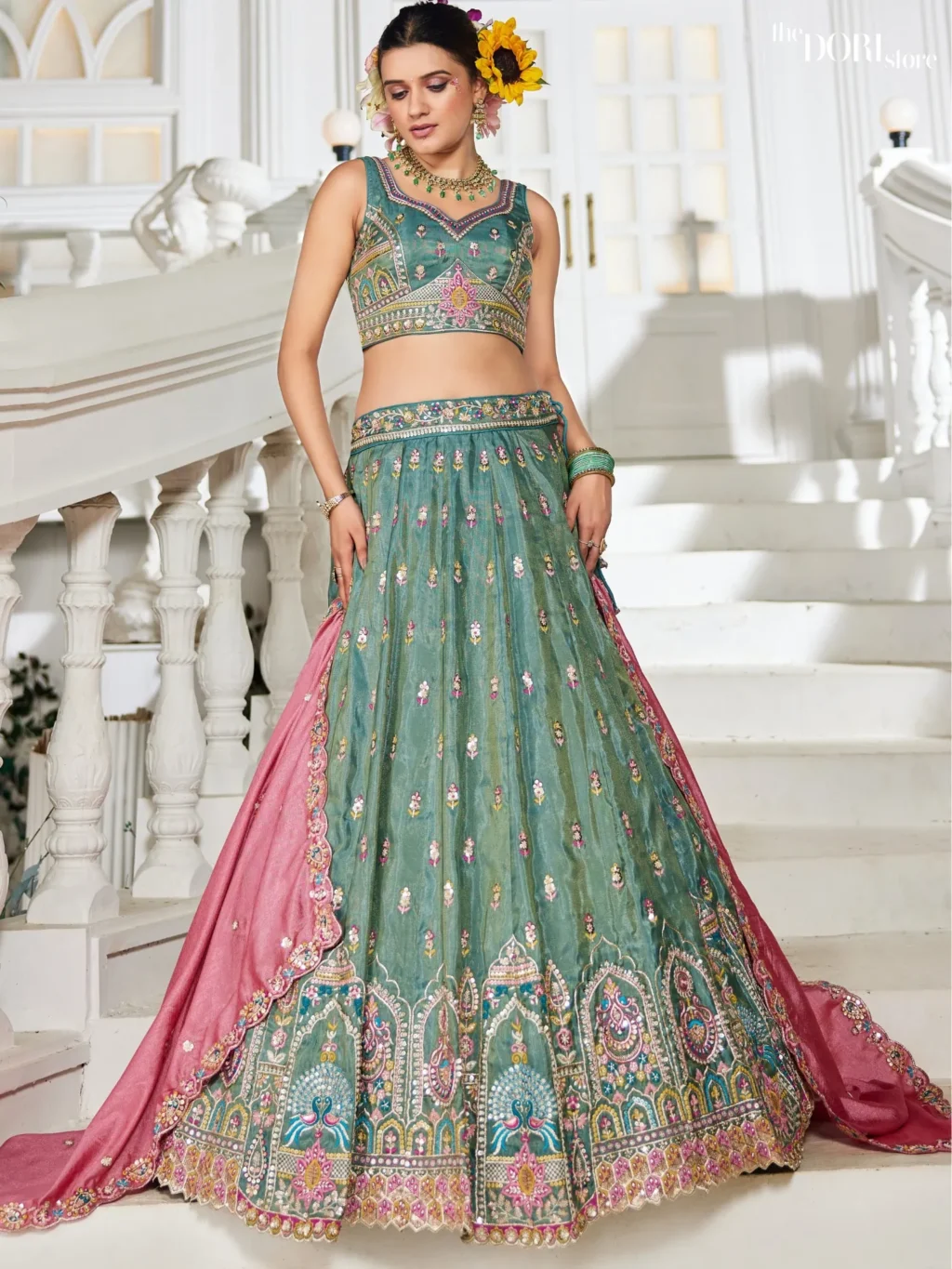 Image of Sea green colour Tissue Sequinse embroidery Semi-Stitched Lehenga choli  showing its unique design and quality.