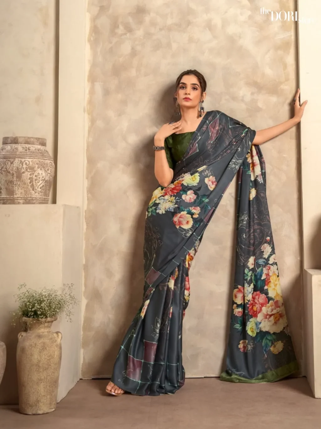 Slate Grey Sattin  Printed Crepe Silk Saree for Women - Designer Winter Lover  with Beautiful Fabric and Elegant Design.