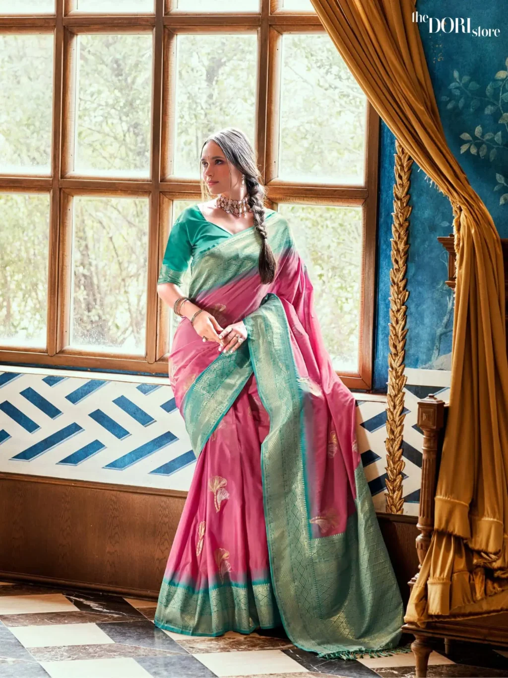 Greenish Rose Pink Soft Silk Saree with Contrast Blouse - Image 3