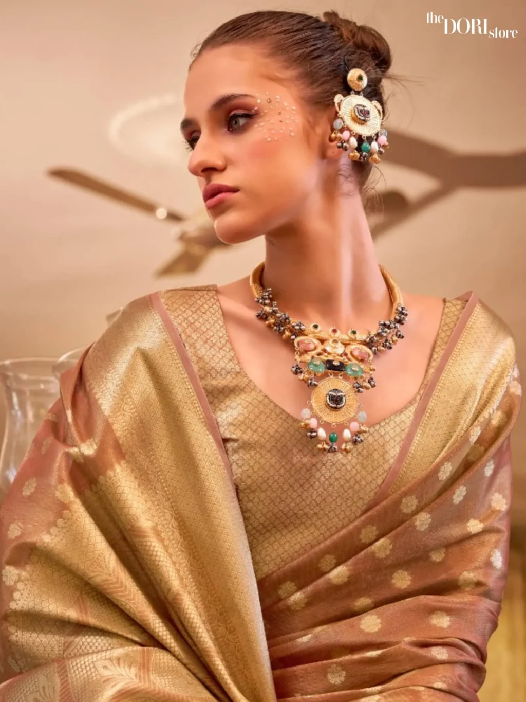 Ethnic Light Brown Partywear Tissue Silk Woven Saree - Image 3