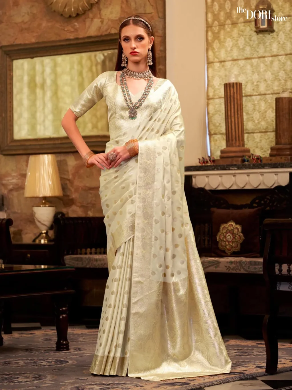 Off White Pure Soft Banarasi Sattin Silk Saree for Women - Designer Shella Gold  with Beautiful Fabric and Elegant Design.