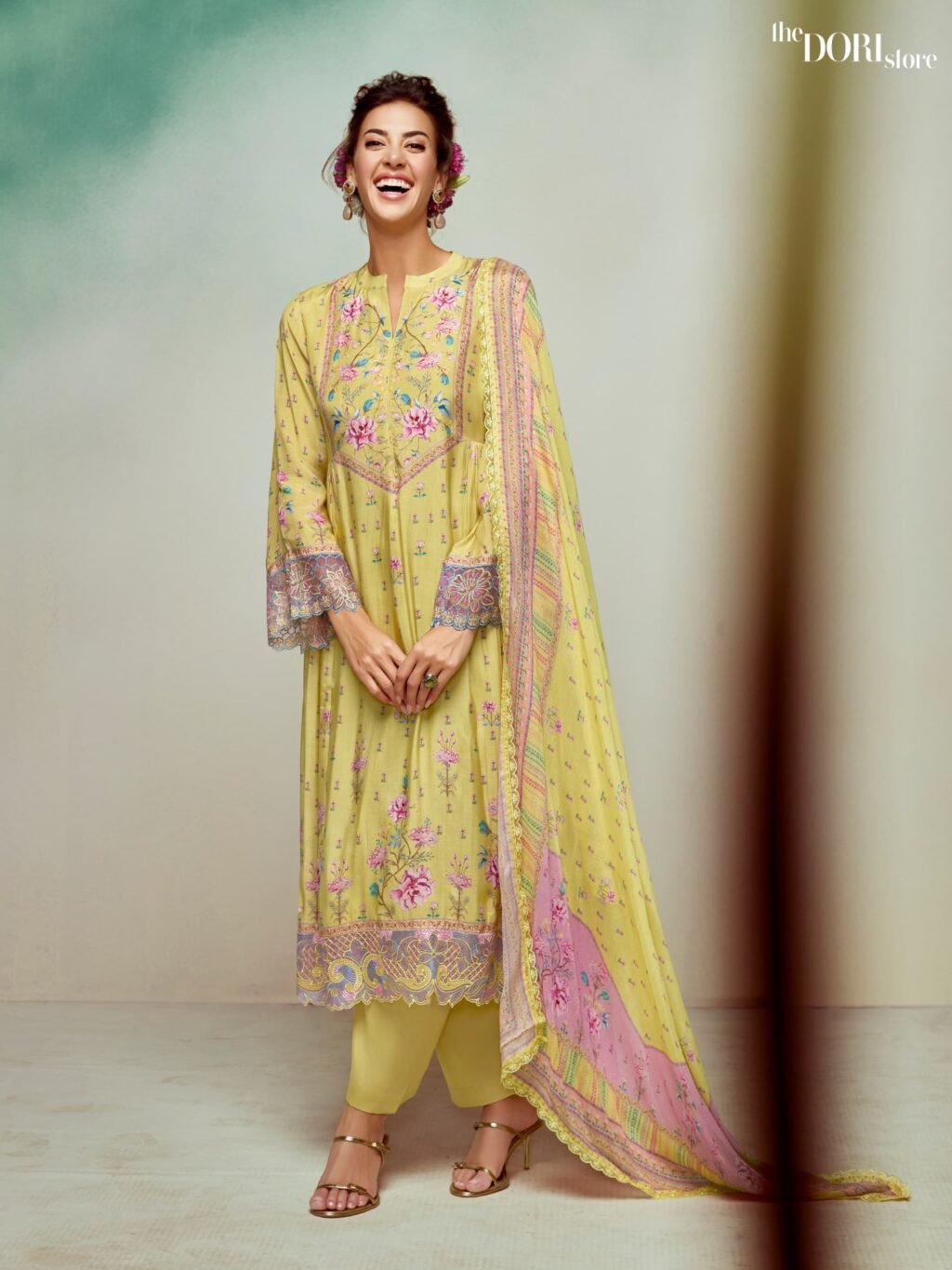 Buy Stylish Yellow Digital Printed Muslin Suit with Organza Border  with stunning designs for women. Best ethnic wear