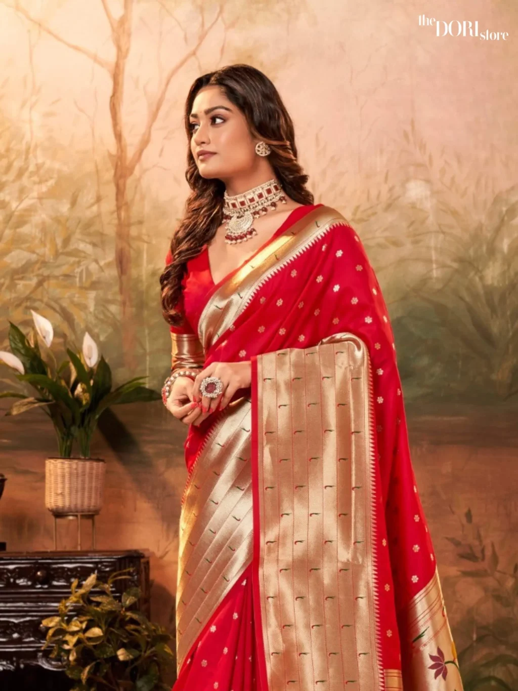 Bridal Red Paithani Silk Saree with Zari Border - Image 3