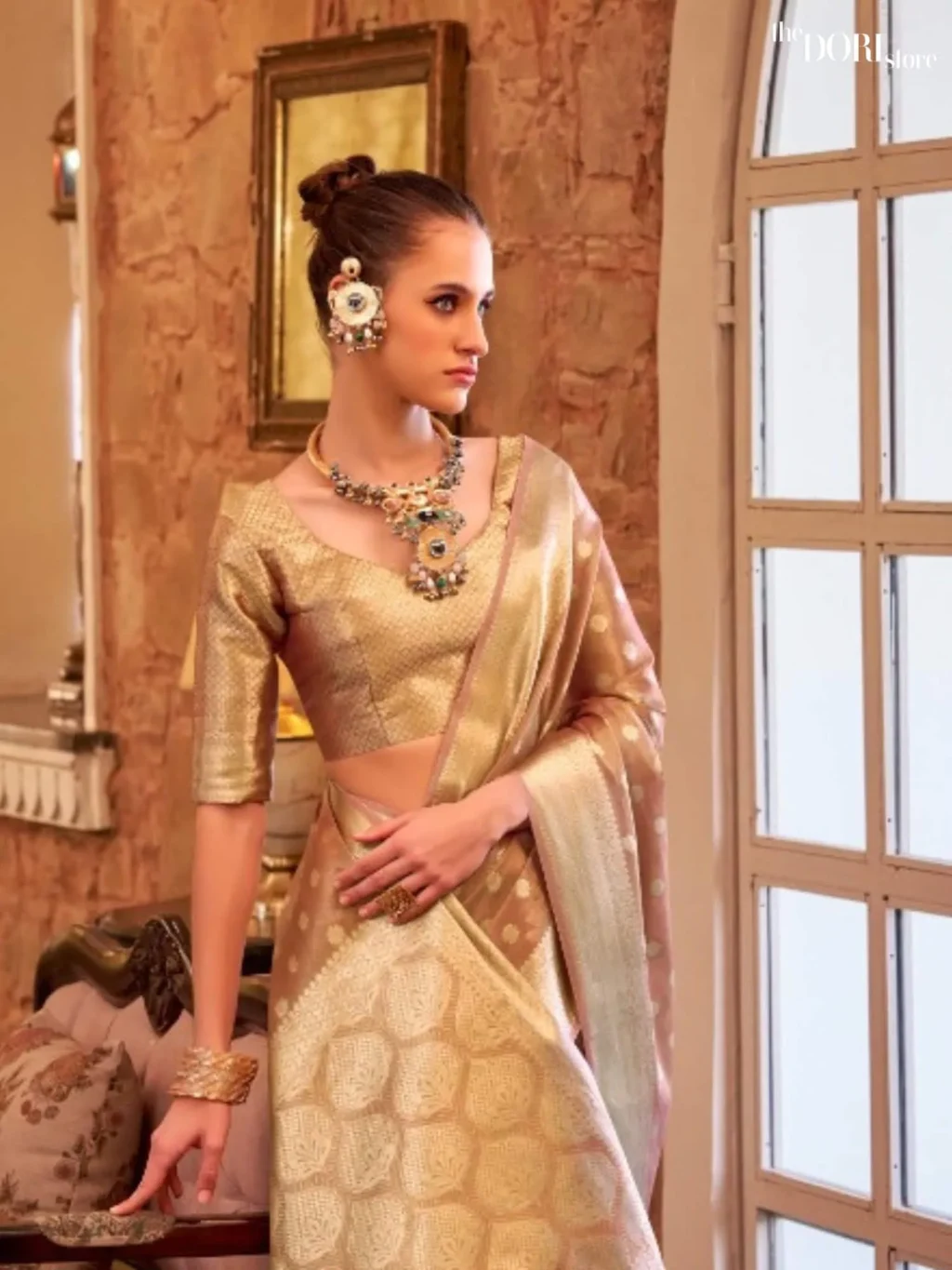 Ethnic Light Brown Partywear Tissue Silk Woven Saree - Image 4