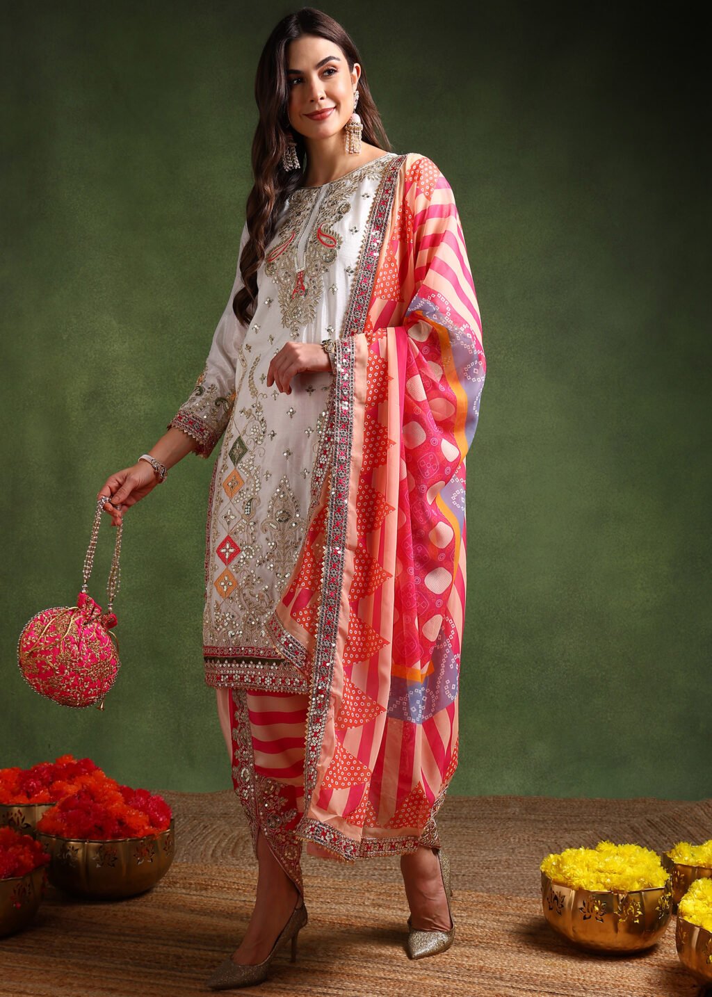 Partywear Cream Chinon Silk Ready To Wear Salwar Suit - Image 3