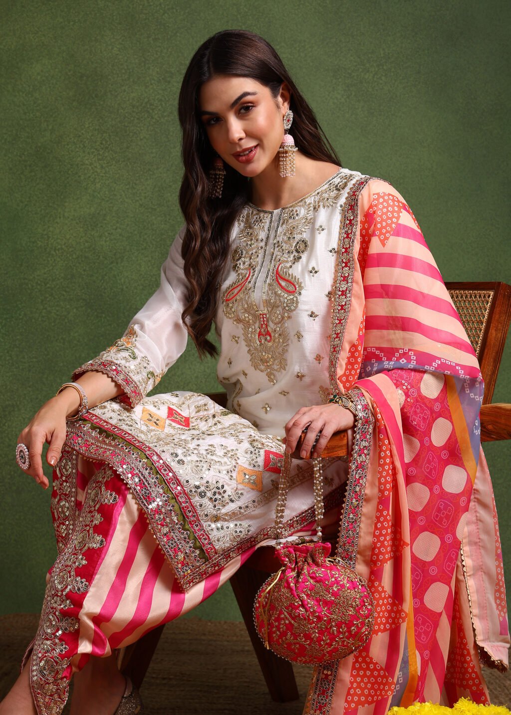Partywear Cream Chinon Silk Ready To Wear Salwar Suit - Image 4