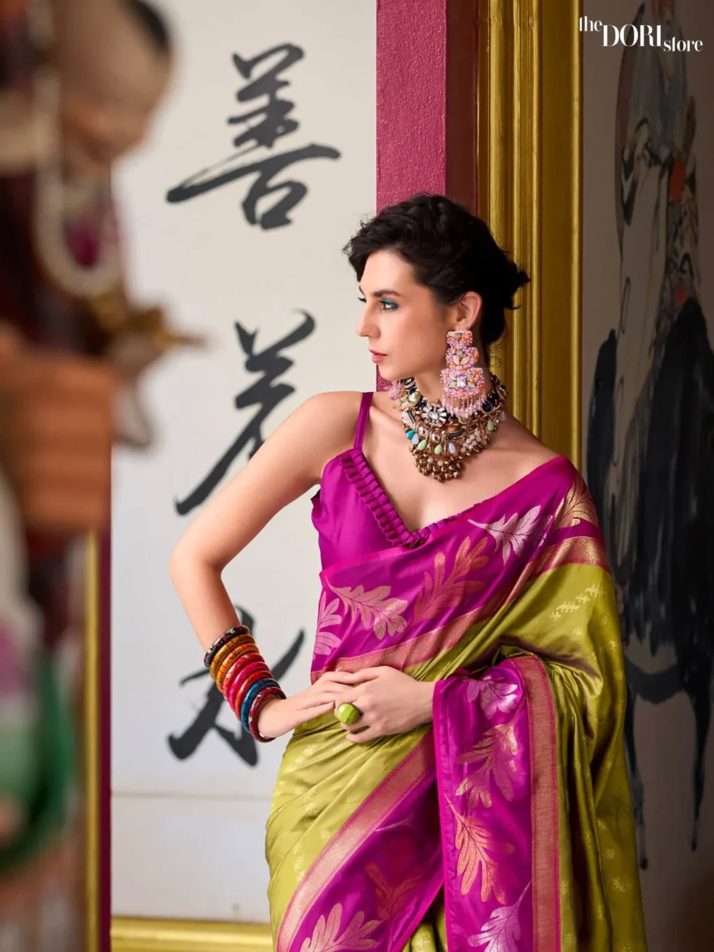 Pinkish Olive Green Pure Soft Banarasi Silk Saree - Image 3