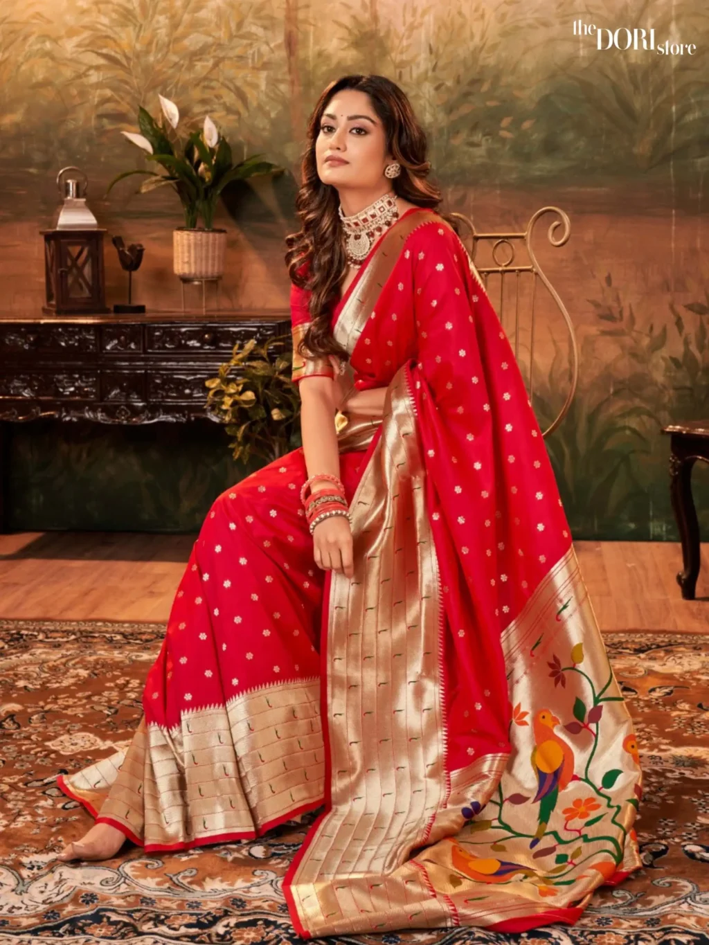 Bridal Red Paithani Silk Saree with Zari Border for Women - Designer PAVITRA PAITHANI with Beautiful Fabric and Elegant Design.