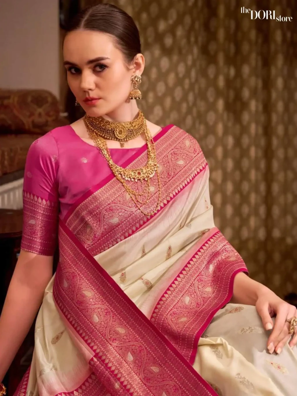 Pinkish Off White Partywear Soft Silk Woven Saree - Image 4