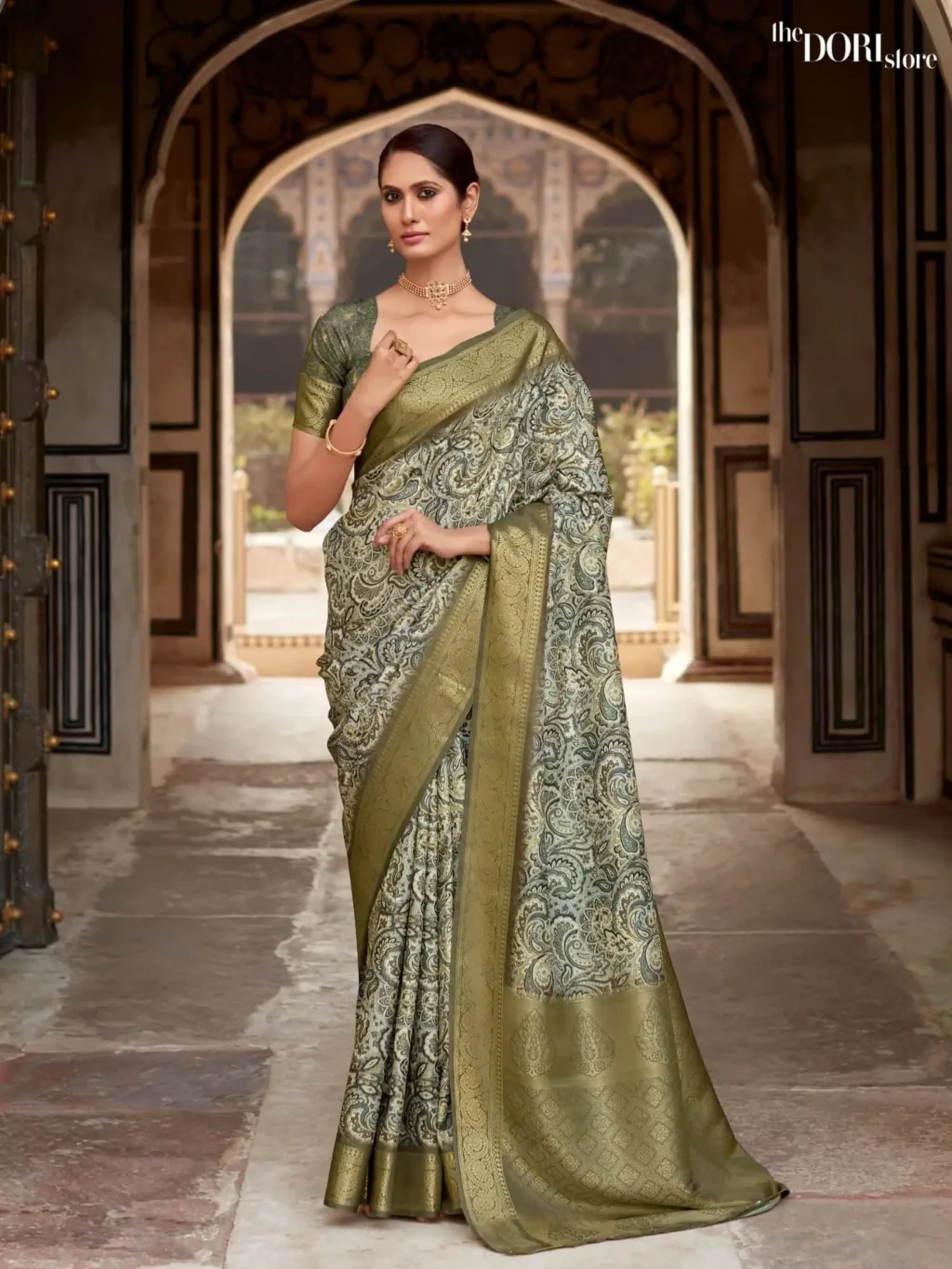 Greenish Grey Handloom Digital Print Silk Saree for Women - Designer Rashmika Silk  with Beautiful Fabric and Elegant Design.
