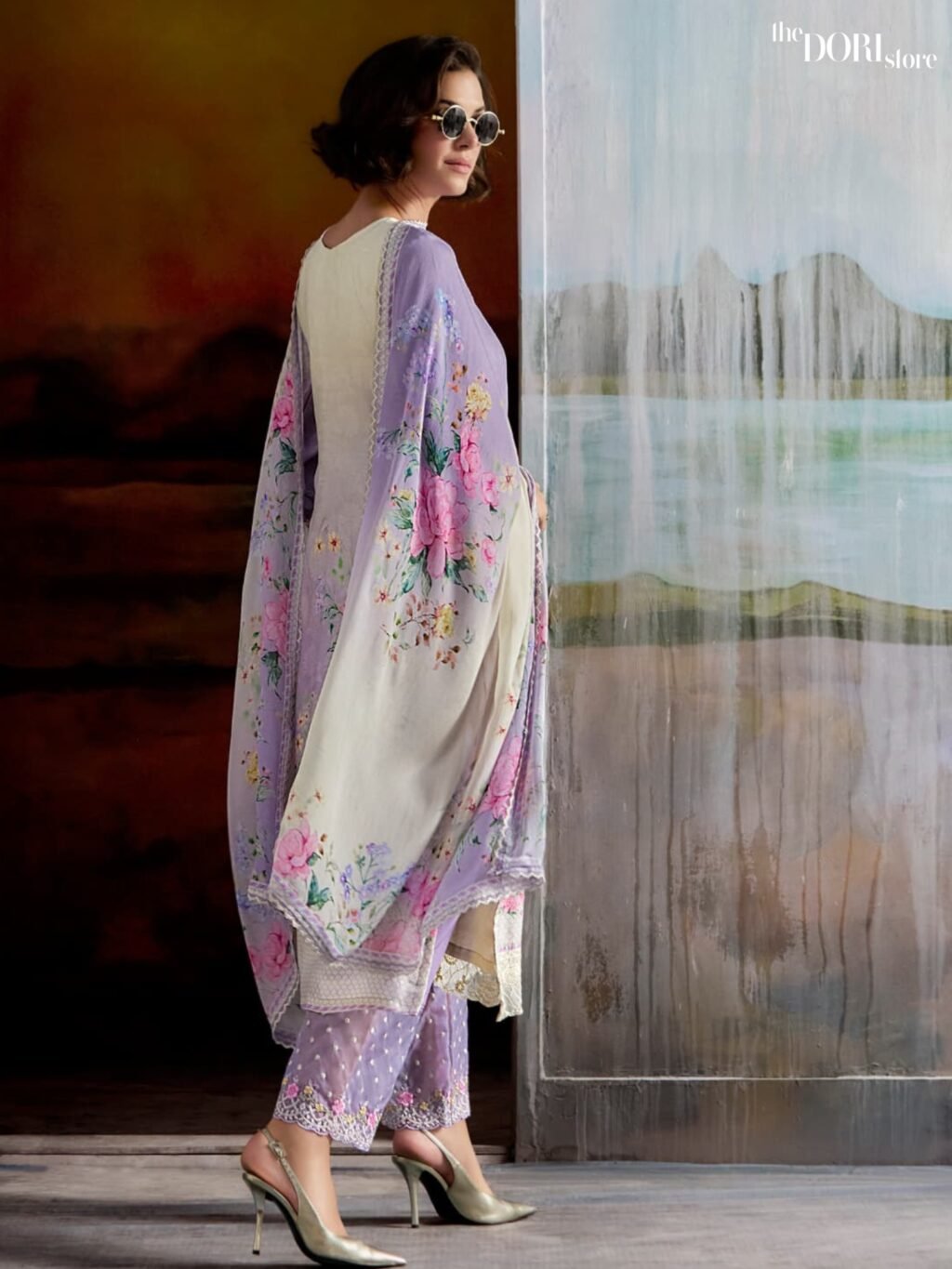 Beautiful Lavender Purple Pure Muslin Digital Designer Suit with Embroidery Work - Image 4