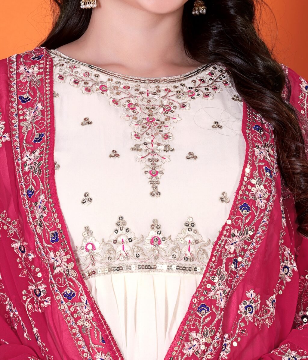 Partywear White Georgette Ready To Wear Salwar Suit - Image 5