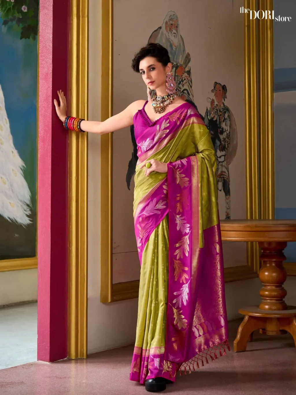 Pinkish Olive Green Pure Soft Banarasi Silk Saree for Women - Designer Leaf Silk  with Beautiful Fabric and Elegant Design.