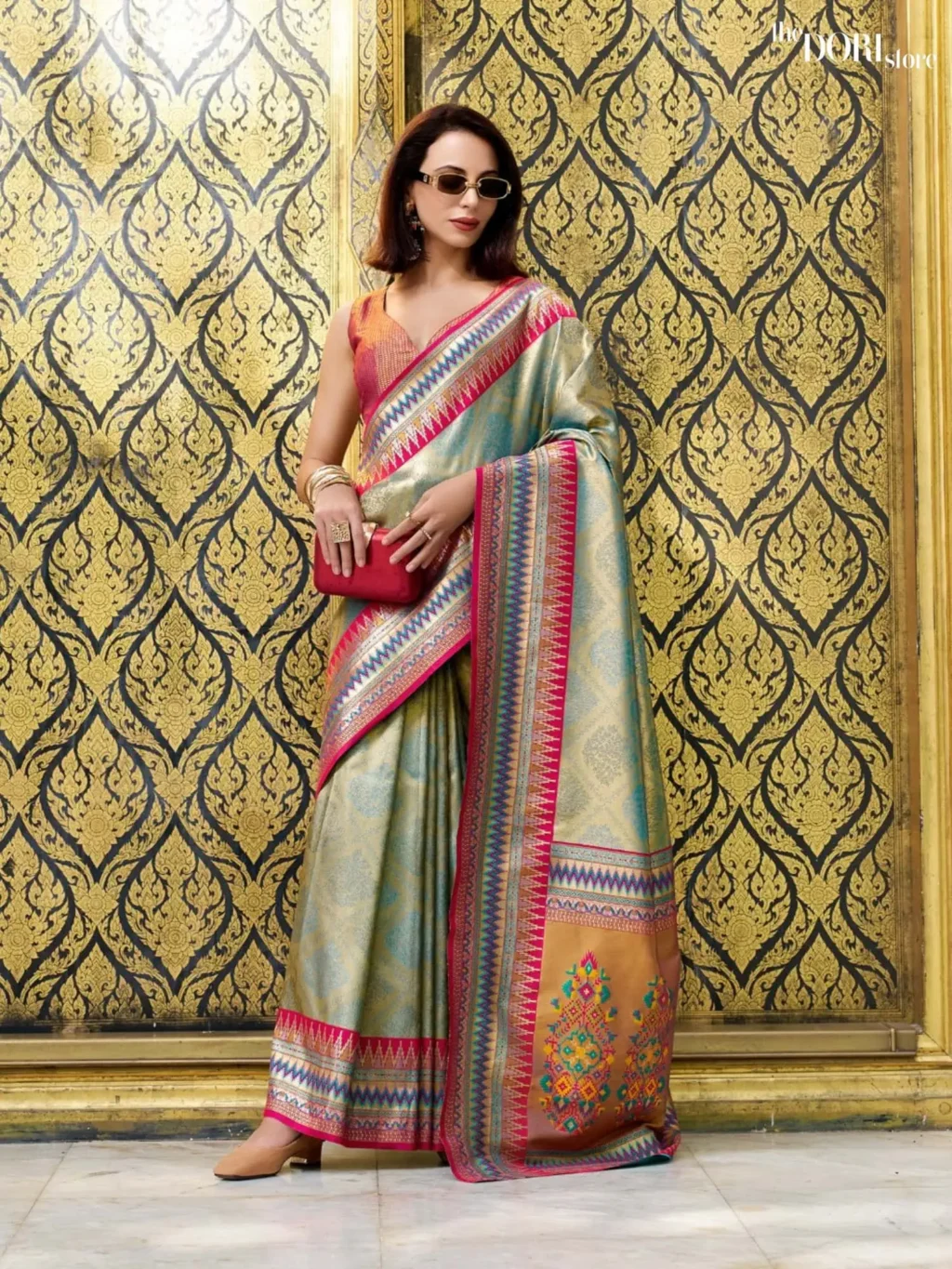 Golden Dual Tone Partywear Tissue Silk Saree for Women - Designer Rajmata  with Beautiful Fabric and Elegant Design.