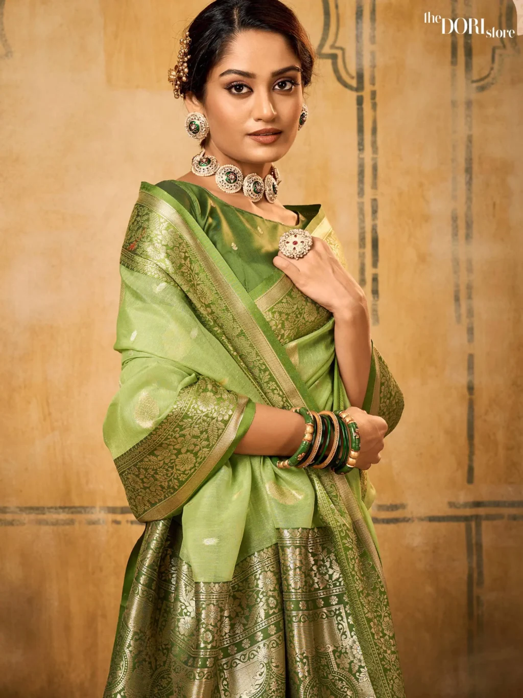 Pista Green Partywear Banarasi Silk Saree - Image 3