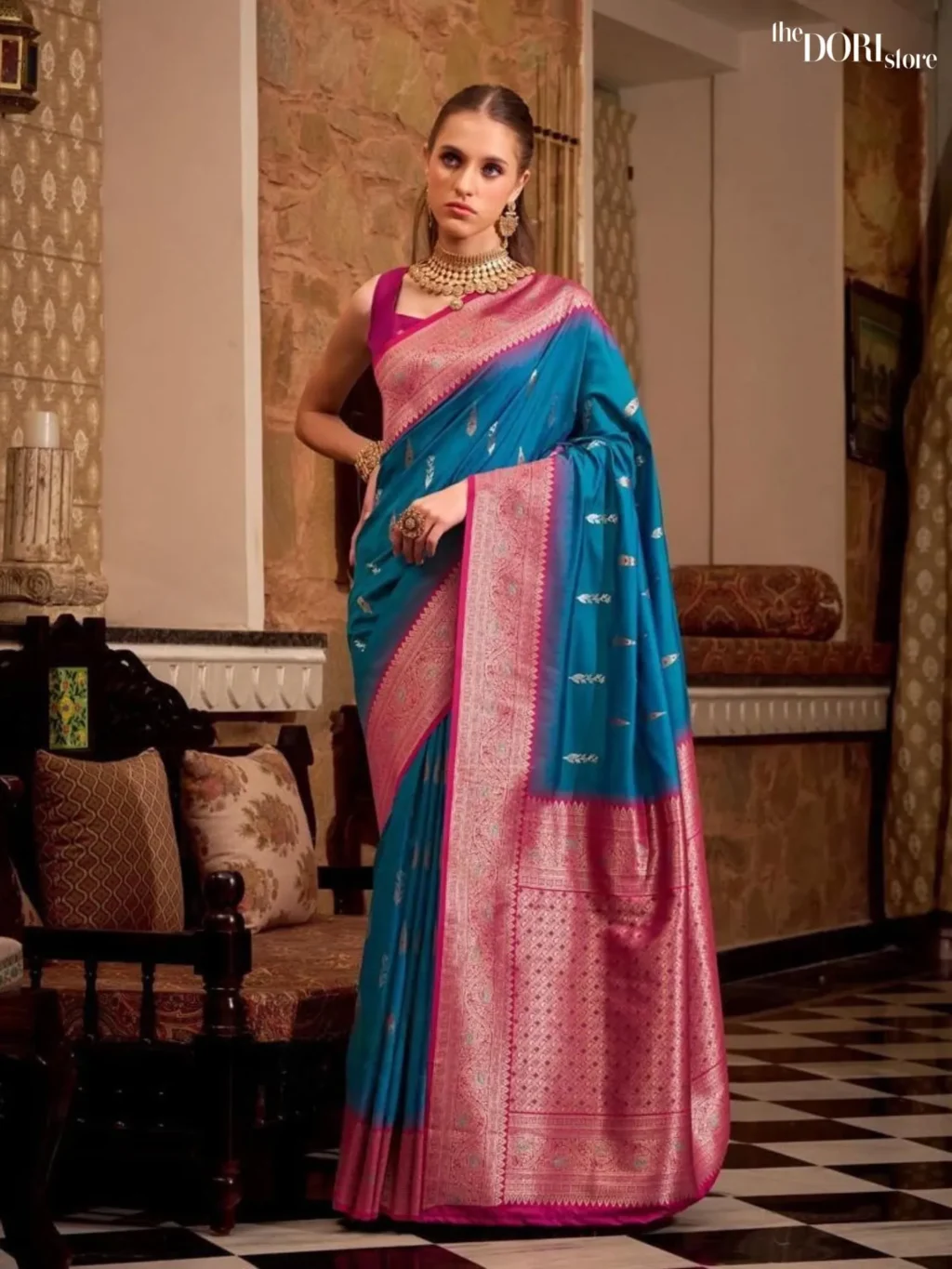 Bright Blue Partywear Soft Silk Woven Saree for Women - Designer Gatha Silk with Beautiful Fabric and Elegant Design.