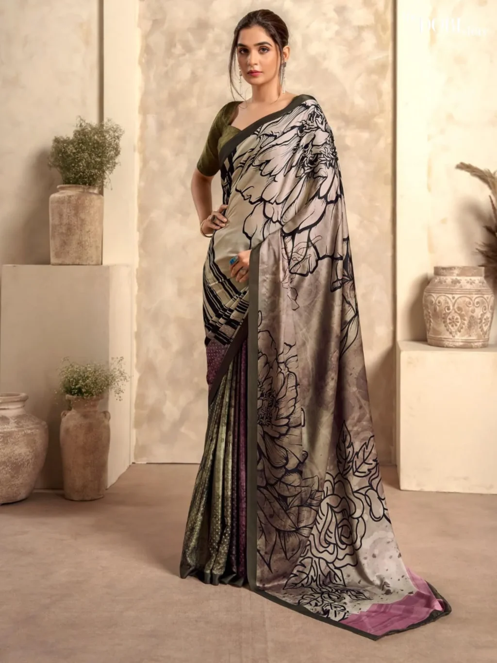 Olive Green and Greyish Beige Sattin  Printed Crepe Silk Saree for Women - Designer Winter Lover  with Beautiful Fabric and Elegant Design.