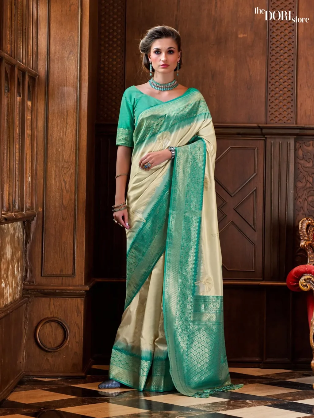 Greenish Cream Soft Silk Saree with Contrast Blouse - Image 3