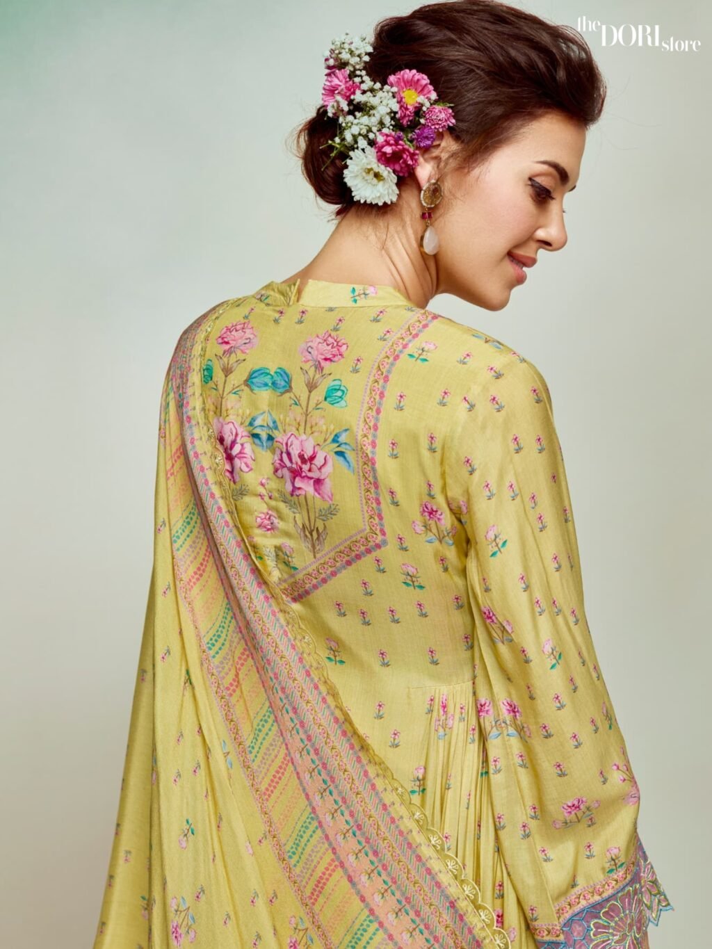 Stylish Yellow Digital Printed Muslin Suit with Organza Border - Image 4