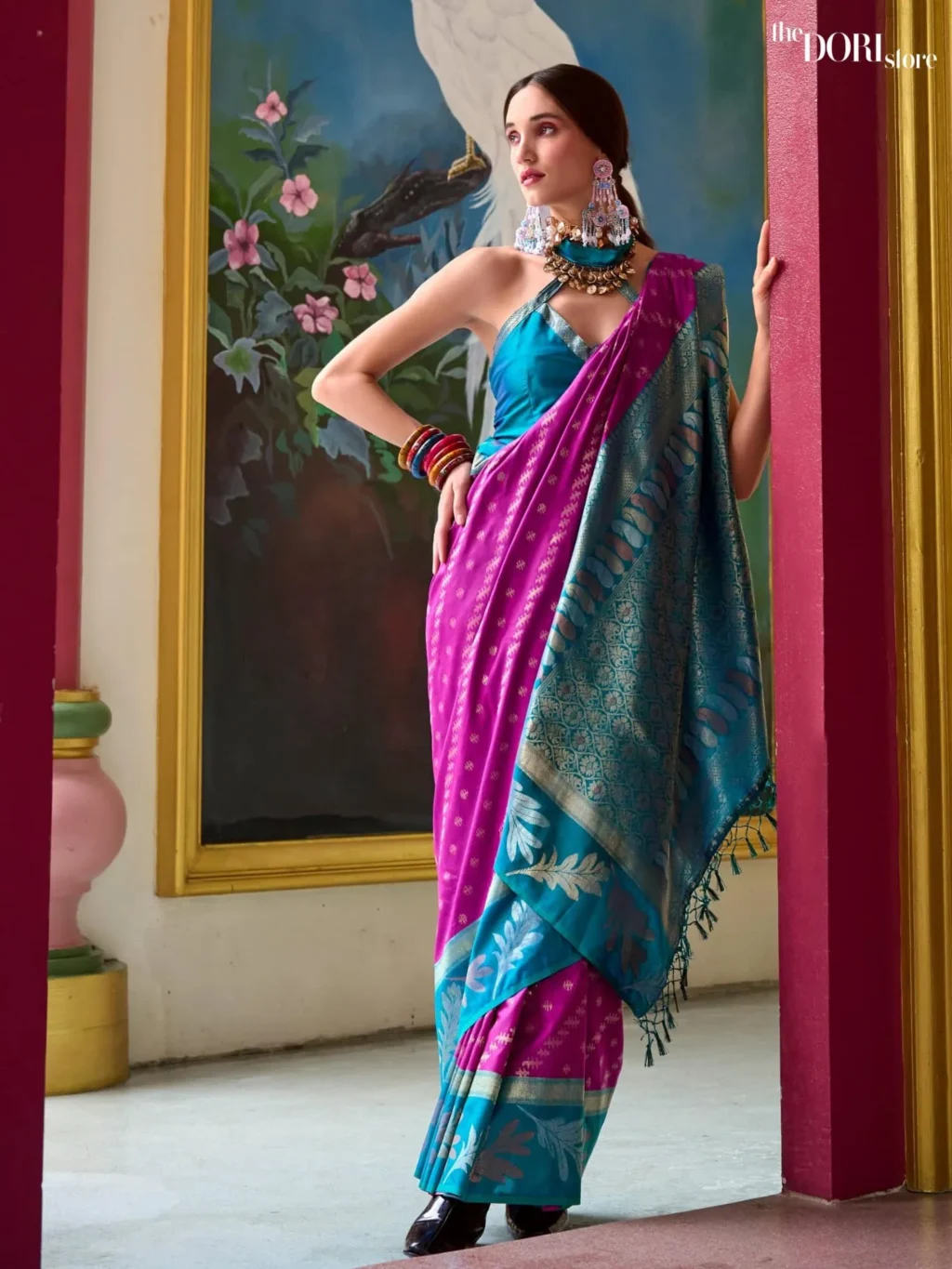 Magenta and Teal Blue Pure Soft Banarasi Silk Saree for Women - Designer Leaf Silk  with Beautiful Fabric and Elegant Design.