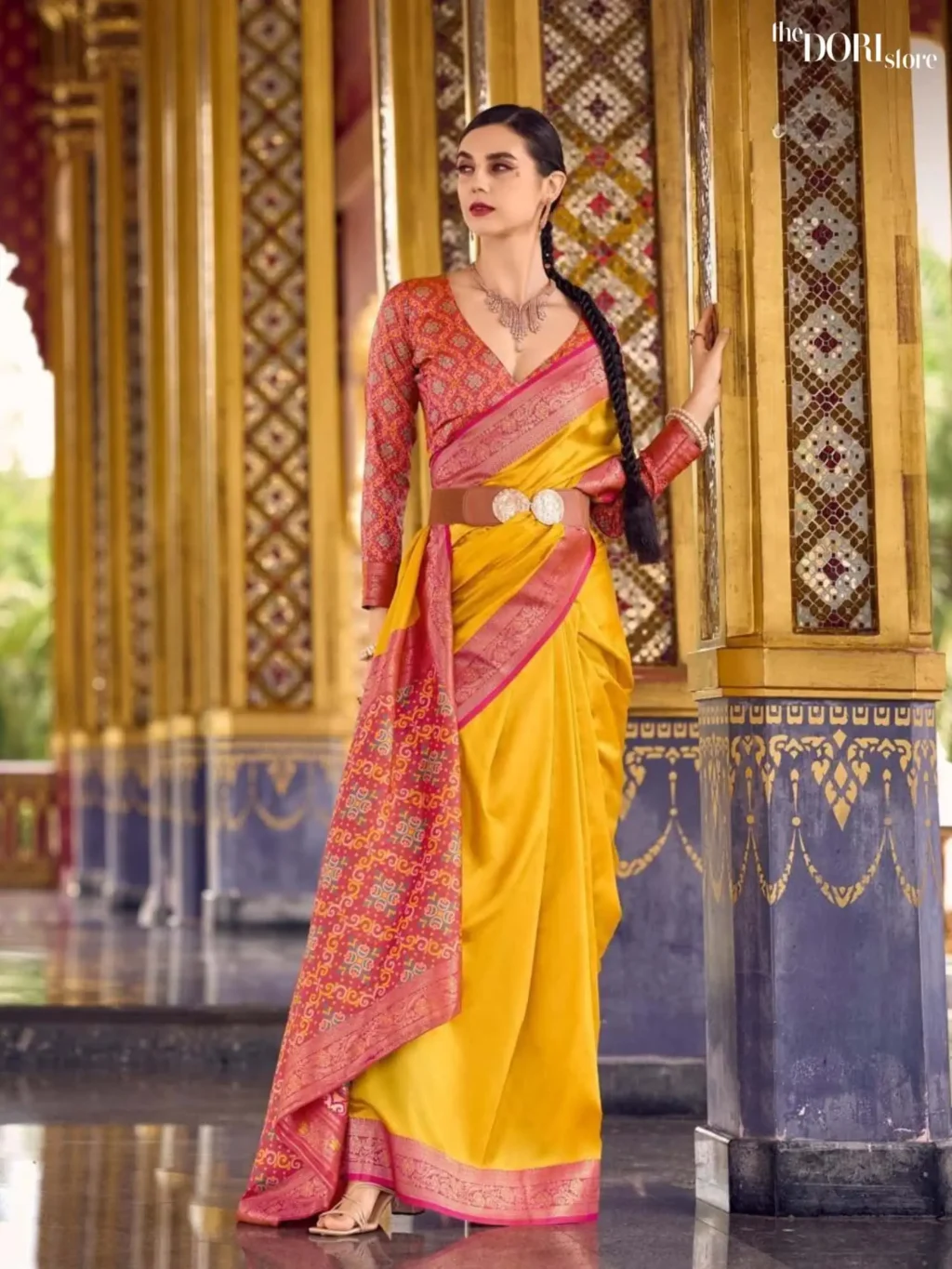 Bright Yellow Designer Soft Silk Woven Saree - Image 3
