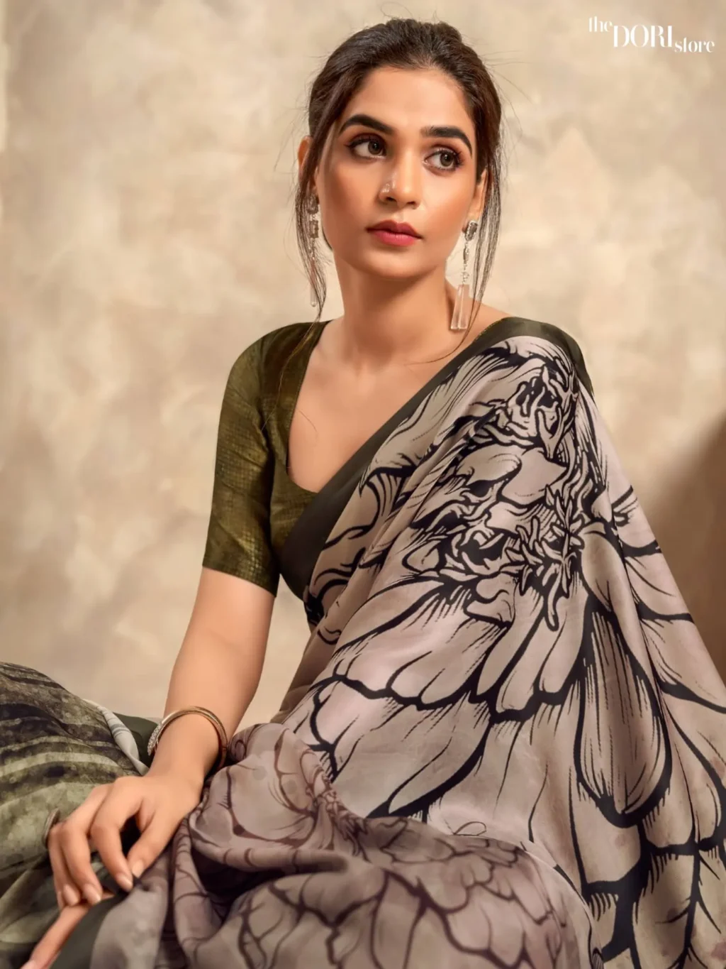 Olive Green and Greyish Beige Sattin  Printed Crepe Silk Saree - Image 3