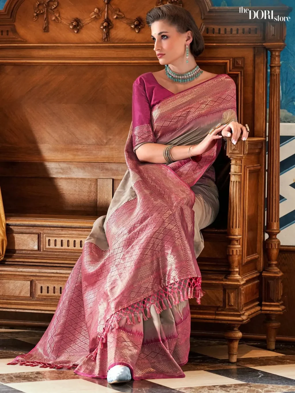 Rich Grey Soft Silk Saree with Contrast Blouse  for Women - Designer Roseberry with Beautiful Fabric and Elegant Design.