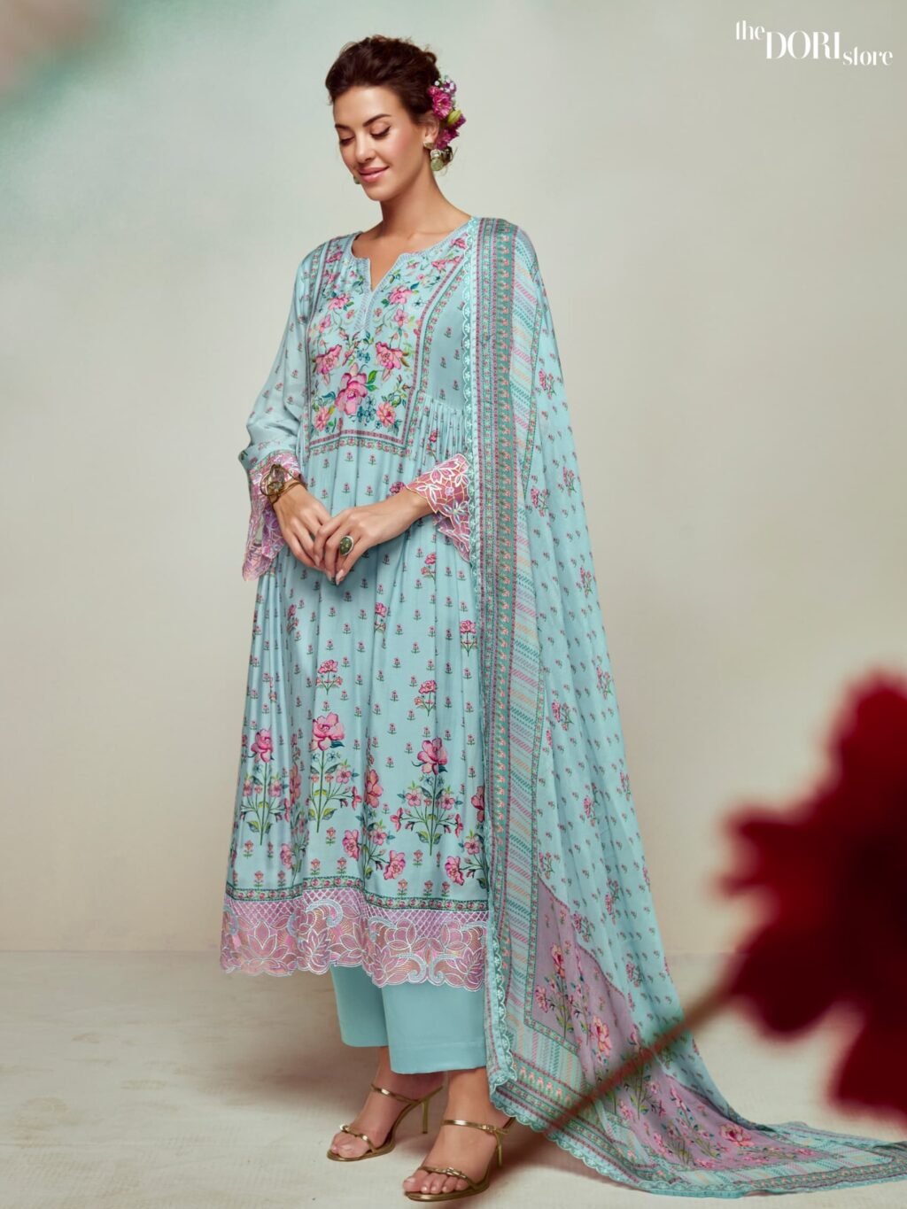 Buy Light Blue Digital Printed Muslin Suit with Organza Border  with stunning designs for women. Best ethnic wear