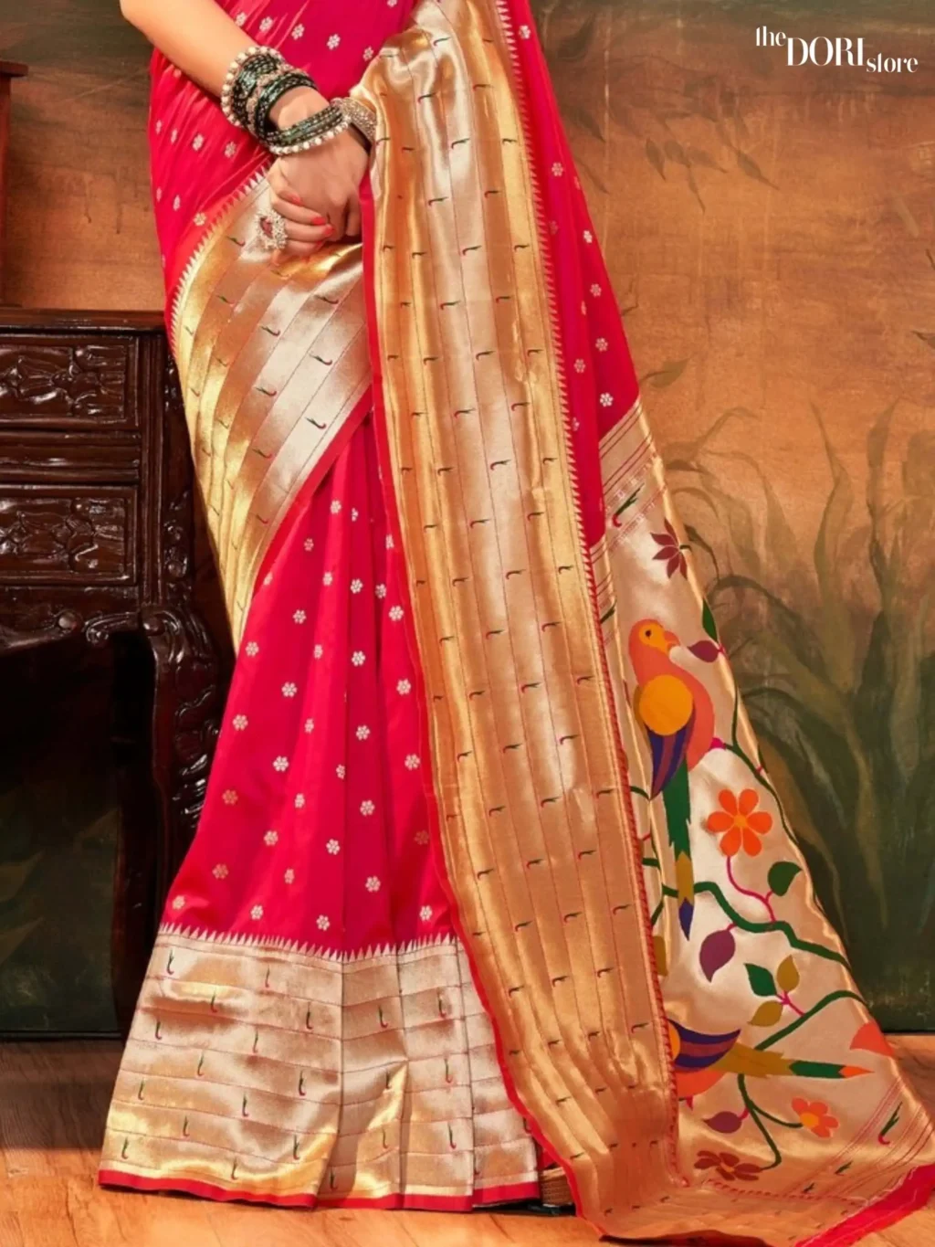 Rani Pink Paithani Silk Saree with Zari Border - Image 3