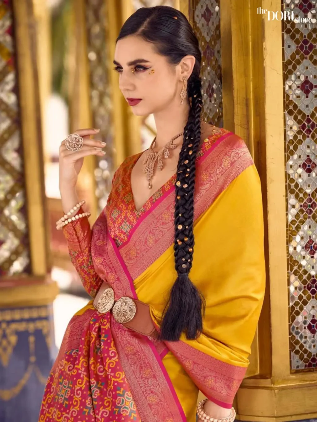 Bright Yellow Designer Soft Silk Woven Saree - Image 4
