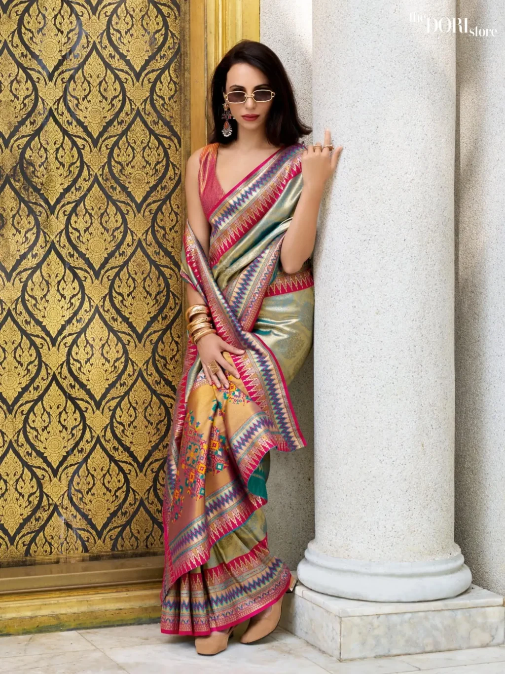 Golden Dual Tone Partywear Tissue Silk Saree - Image 3