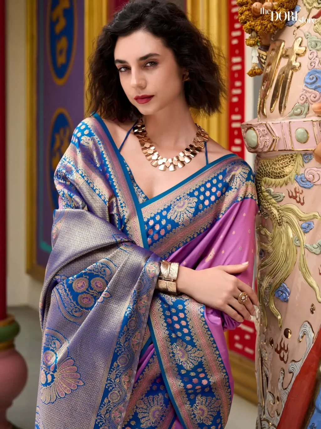 Ethnic Lavender Purple Designer Banarasi Silk Woven Saree - Image 4