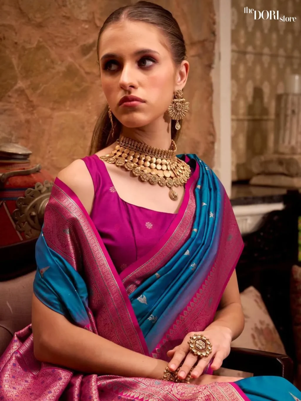 Bright Blue Partywear Soft Silk Woven Saree - Image 3