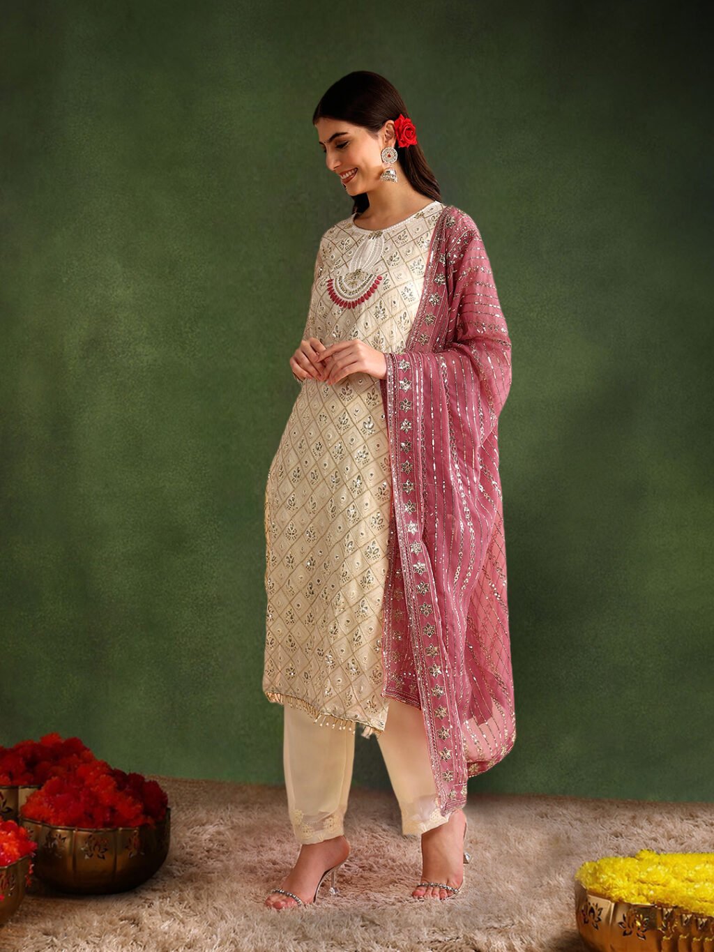 Partywear White Georgette Ready To Wear Salwar Suit - Image 3